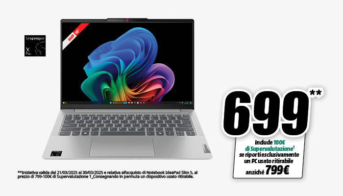 Un laptop grigio aperto mostra uno schermo colorato. Un'etichetta di prezzo bianca indica "699".