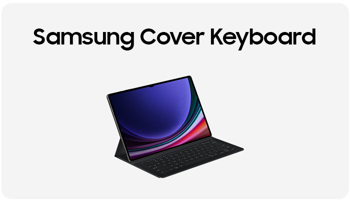 Tablet Samsung con copertina e tastiera nera su sfondo bianco. Lo schermo mostra un'immagine astratta colorata.