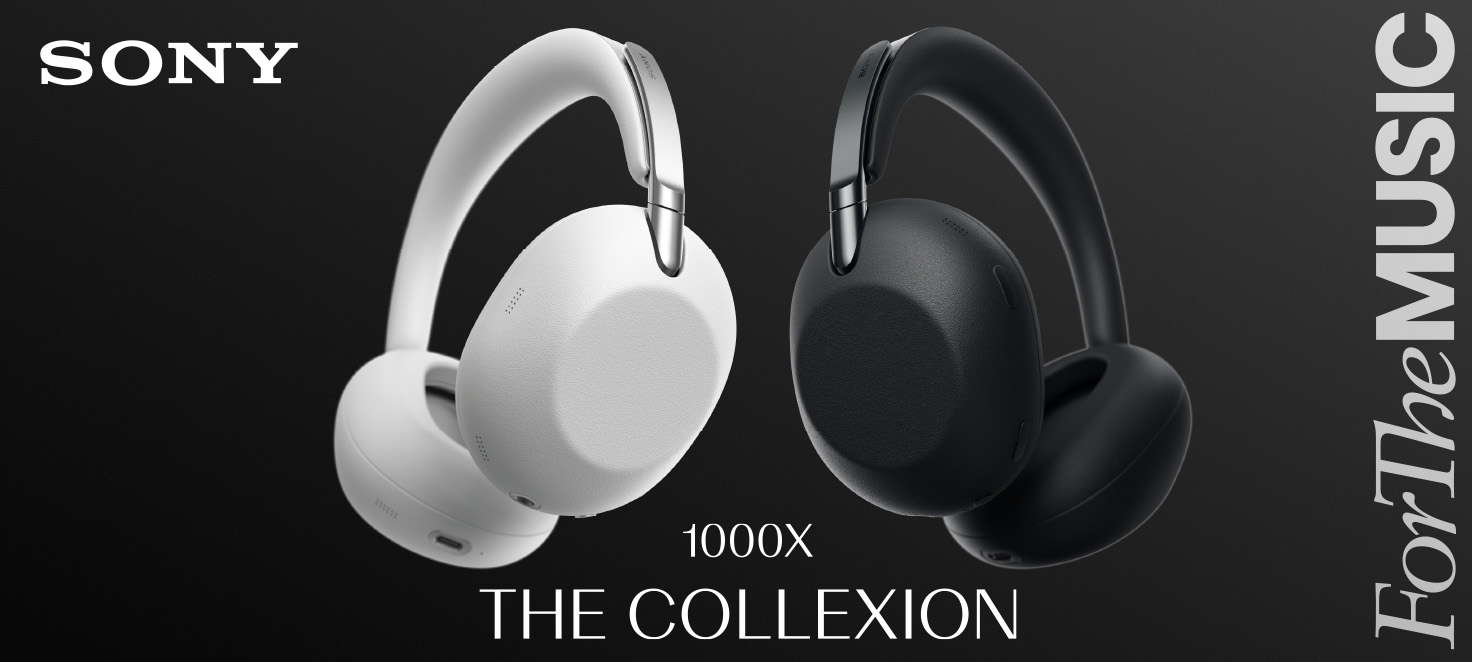 Un paio di cuffie wireless Sony WH-1000XM5, una bianca e una nera, posizionate l'una accanto all'altra su uno sfondo scuro con la scritta "1000X THE COLLEXION" e il logo Sony.