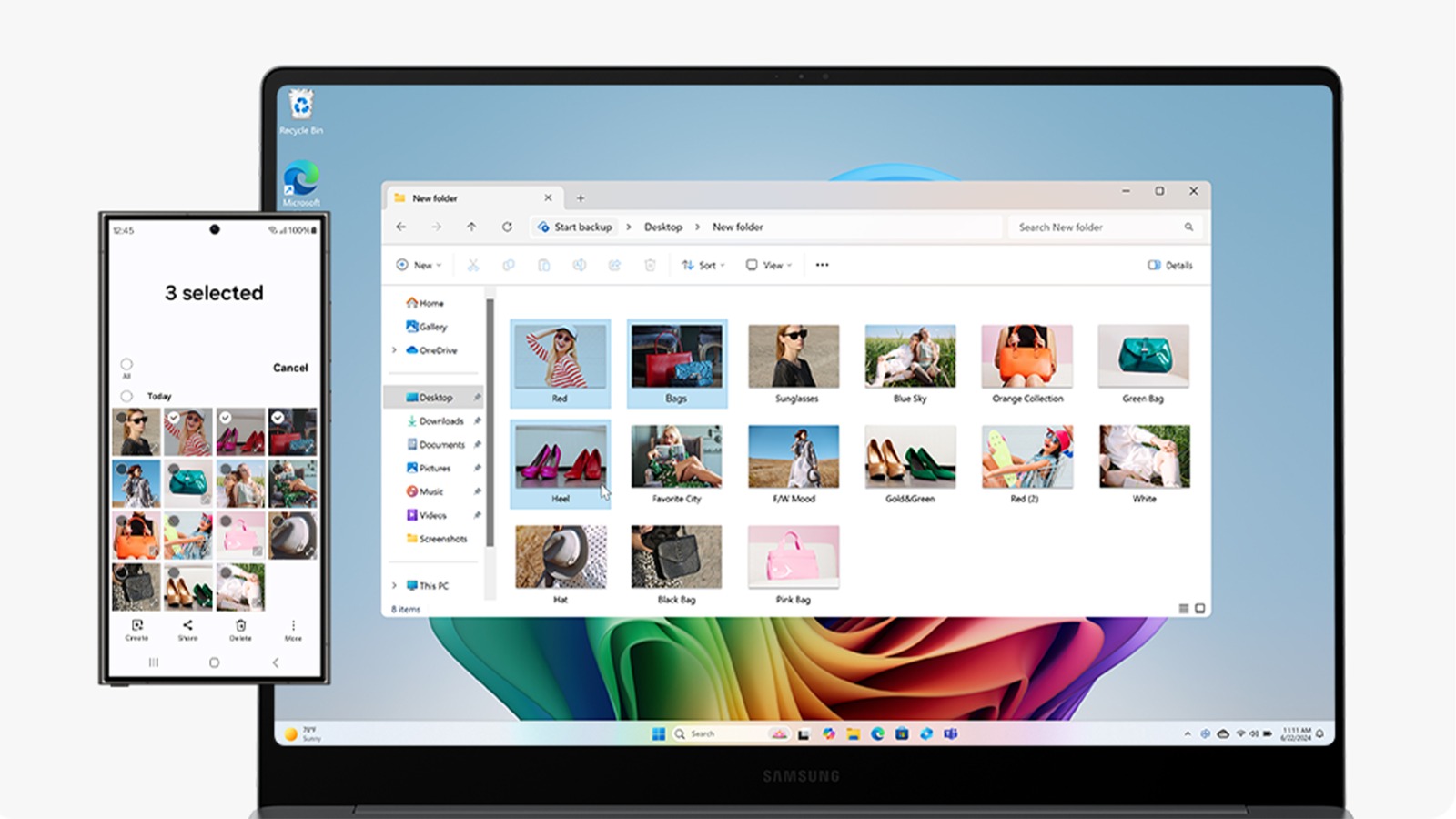 Schermo di laptop con cartella immagini, affiancato da uno smartphone che mostra la galleria con tre foto selezionate.