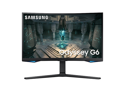 Monitor nero Samsung Odyssey G6 con sfondo di gioco. Base a forma di V e scritta "Samsung" in alto a sinistra.