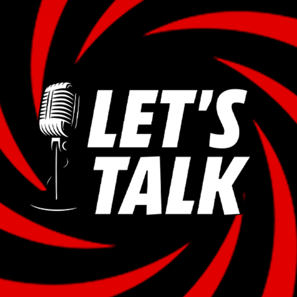 Microfono e testo "LET'S TALK" su sfondo a spirale rosso e nero.