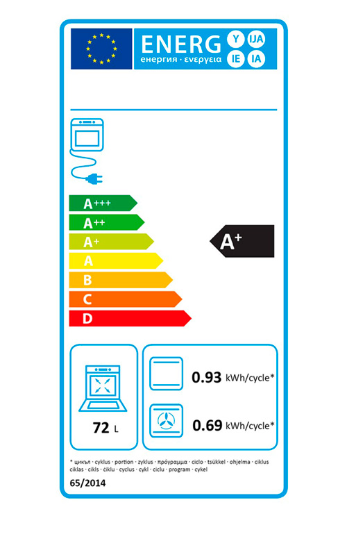Etichetta energetica con dati di consumo, classe A+, capacit� di 72 litri e consumi per ciclo. Sfondo bianco, bordo blu.