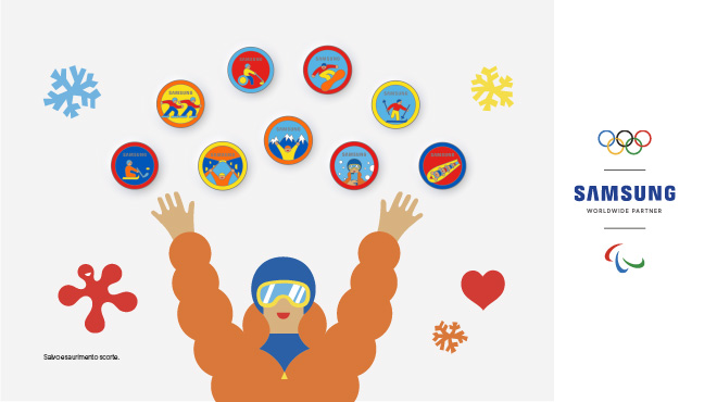 Illustrazione con delle PIN collezionabili con logo  Samsung Milano Cortina 2026