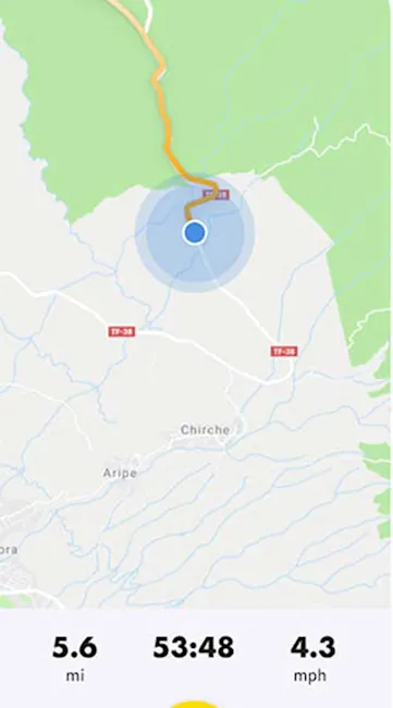 Mappa con percorso arancione su sfondo verde e bianco, segnaposto blu. Dati: 5.6 mi, 53:48 tempo, 4.3 mph velocit�.