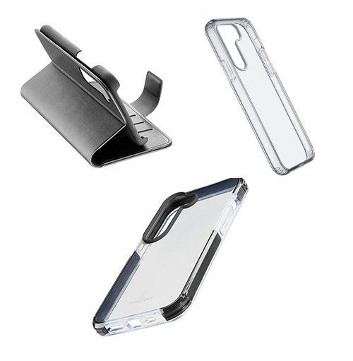 Tre custodie per telefono su sfondo bianco: una grigia a libro e due trasparenti.