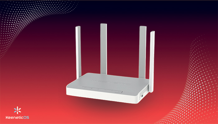 Un router bianco con quattro antenne su uno sfondo rosso sfumato con un motivo a punti nell'angolo.