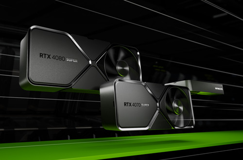 Tre schede grafiche RTX 4080 SUPER su sfondo nero con accenti verdi. Le schede hanno ventole visibili.