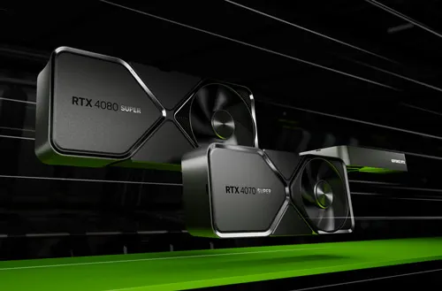 Tre schede grafiche RTX 4080 SUPER su sfondo nero con accenti verdi. Le schede hanno ventole visibili.