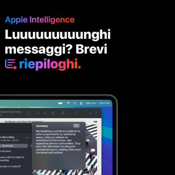 La parte destra e superiore di uno schermo di un MacBook dove si vede l'ora, la data, un tab aperto e l'app delle note. Testo con scritto: Apple Intelligence, Luuuuuuuunghi messaggi? brevi riepiloghi.