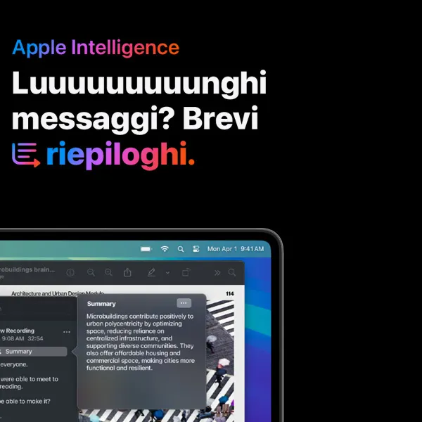 La parte destra e superiore di uno schermo di un MacBook dove si vede l'ora, la data, un tab aperto e l'app delle note. Testo con scritto: Apple Intelligence, Luuuuuuuunghi messaggi? brevi riepiloghi.