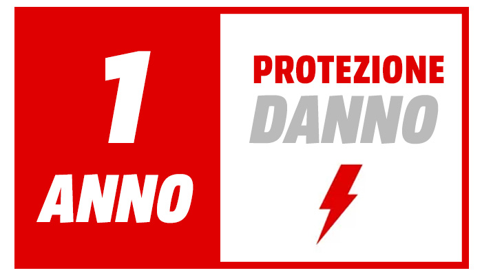 Segno diviso in due: a sinistra "1 ANNO" in bianco su sfondo rosso, a destra "PROTEZIONE DANNO" e fulmine rosso su sfondo bianco.