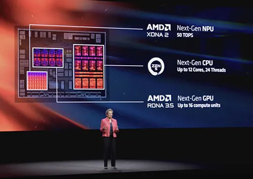Presentazione su schermo con diagramma di chip, dati AMD e oratore sul palco.