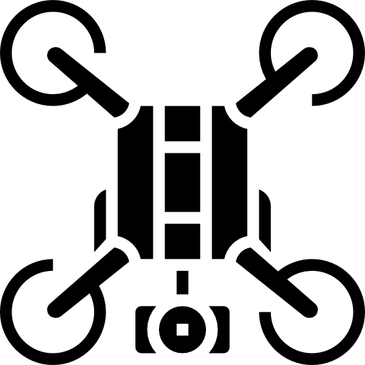 Icona nera di drone con quattro bracci che si estendono da un corpo centrale rettangolare e una fotocamera.