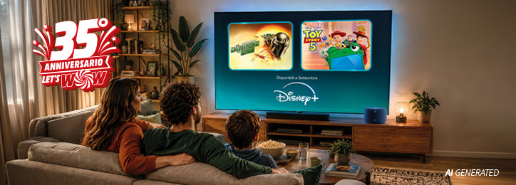 Famiglia riunita sul divano mentre guarda Disney+ in TV, con logo del 35° anniversario