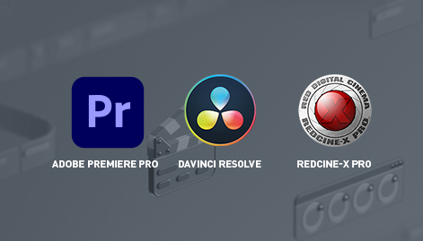Tre loghi di software di editing video: Adobe Premiere Pro, DaVinci Resolve e REDCINE-X PRO su sfondo grigio.