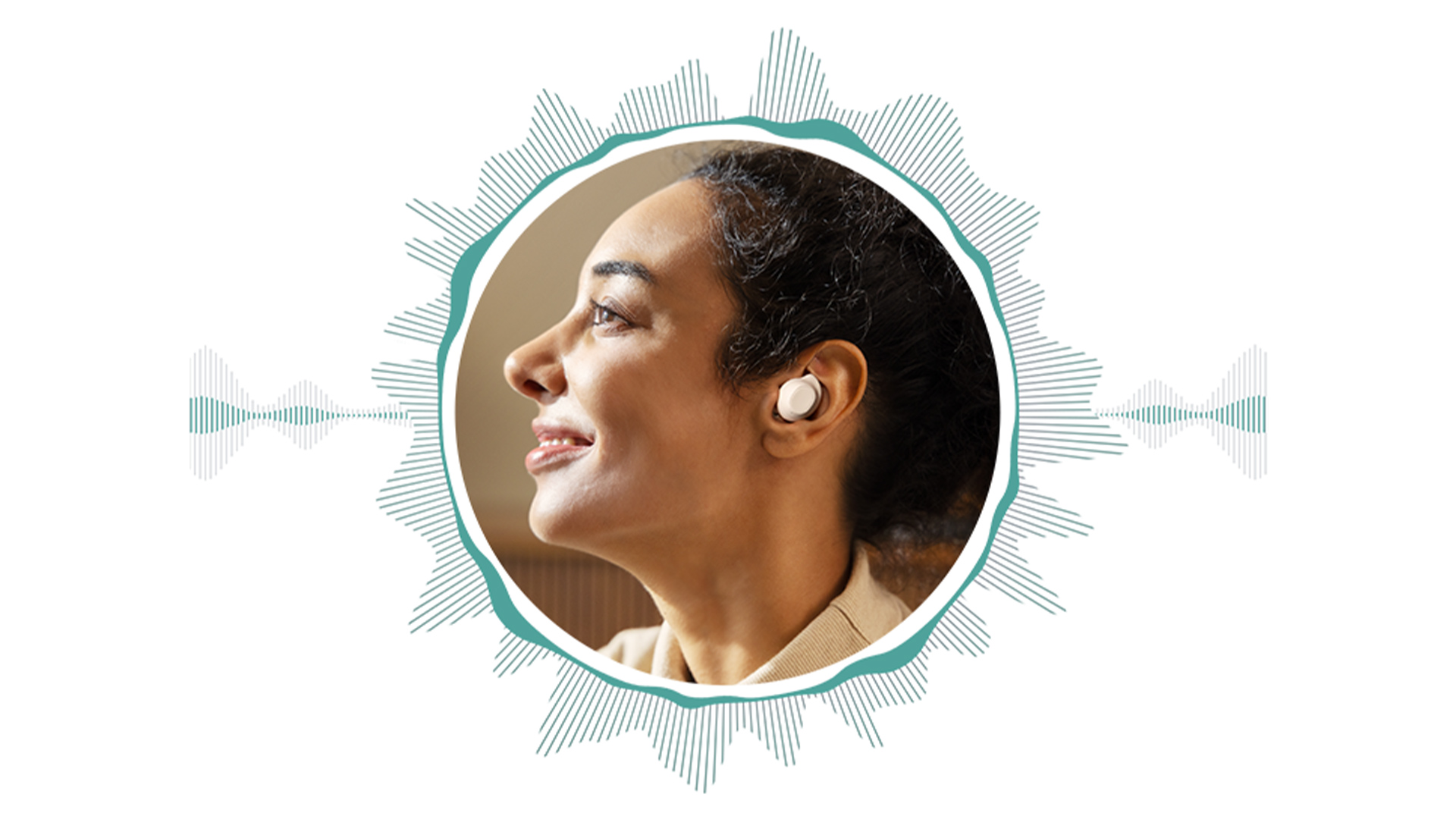 Donna con auricolare bianco, profilo rivolto a sinistra. Grafica sonora turchese intorno al cerchio centrale.