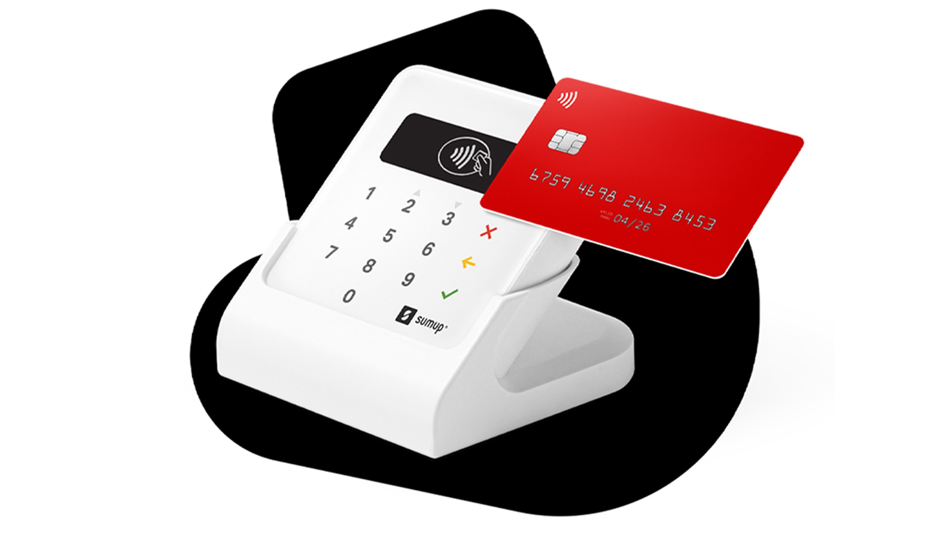 Lettore di carte bianco con tastierino numerico e carta rossa sopra, su sfondo nero.