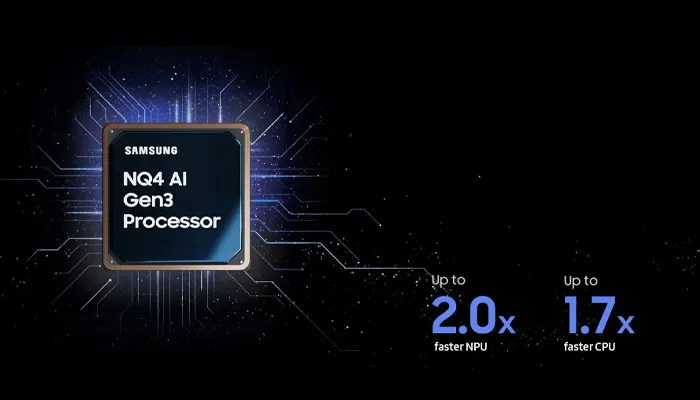 Una lavagnetta AI con la scritta samsung e dettagli riguardo al NQ4 AI processor su uno sfondo nero stellato