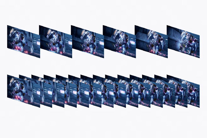 Cielo bianco con immagini multiple di una figura robotica blu e grigia in un ambiente urbano illuminato.