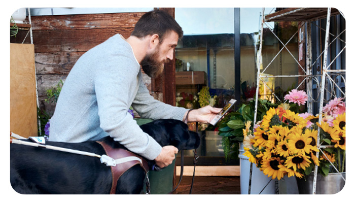 Un uomo con un cane guida nero guarda un tablet vicino a un espositore di fiori con girasoli gialli e gerbere rosa.