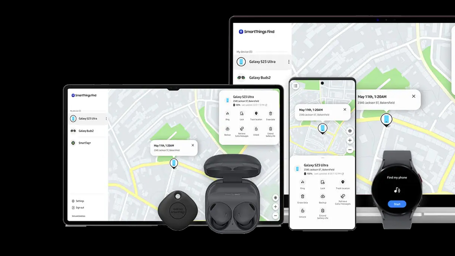 Dispositivi Samsung: laptop, tablet, smartphone, orologio, auricolari e localizzatore mostrano mappe e l'app "SmartThings Find".