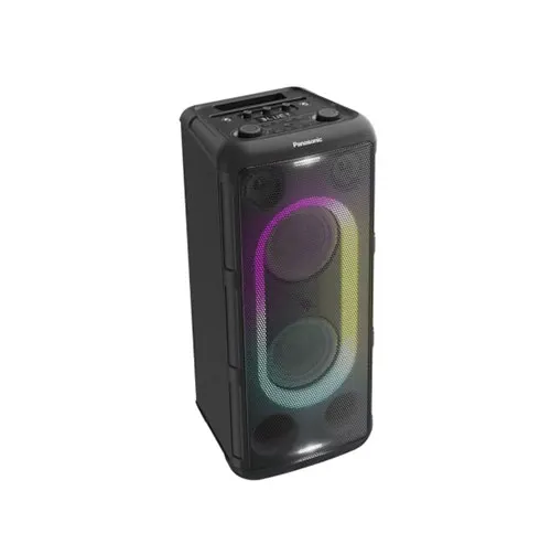 Cassa audio nera rettangolare con due altoparlanti circolari e luci colorate su sfondo bianco.