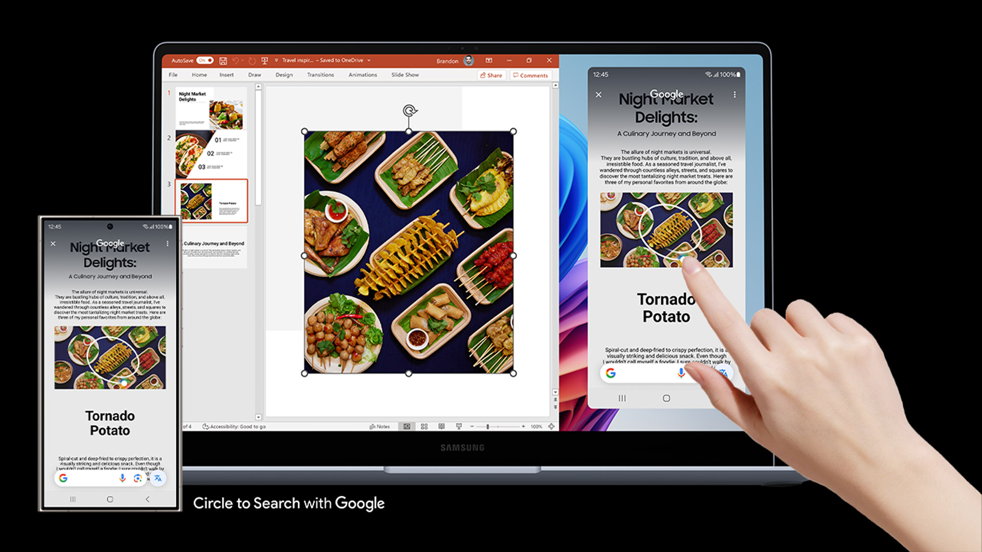 Schermo con presentazione di cibo su laptop e telefono. Una mano tocca lo schermo del telefono.