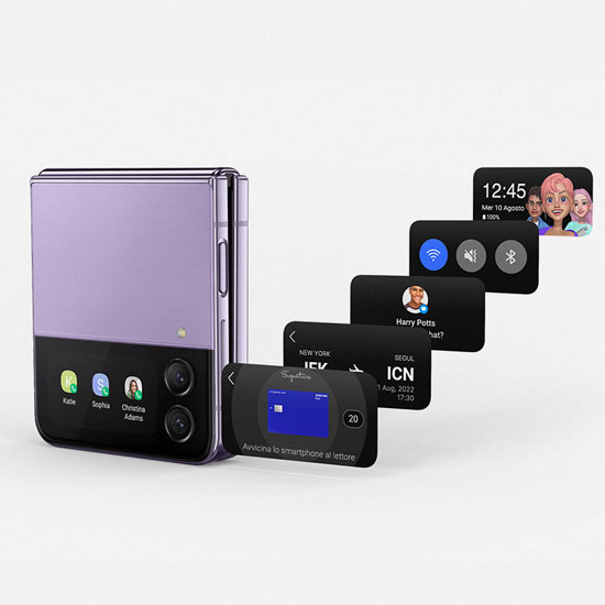 Un telefono pieghevole viola mostra notifiche, tra cui orario, voli e profili utente, su sfondo bianco.