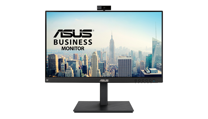 Monitor ASUS nero con webcam. Lo schermo mostra un paesaggio urbano con grattacieli e il logo ASUS.
