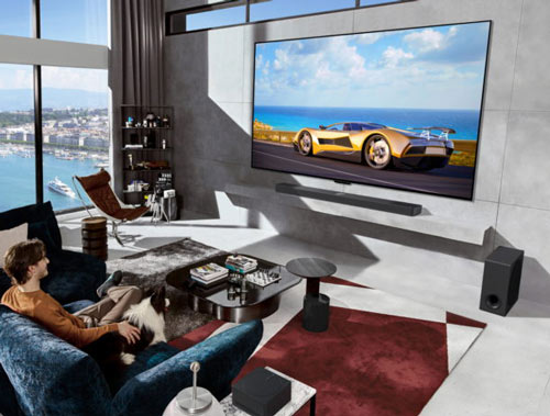 Soggiorno con TV che mostra un'auto sportiva. Una persona seduta su un divano blu con un cane. Vista sulla città e sull'acqua.