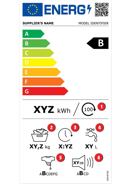 Etichetta energetica con frecce colorate da verde ad arancione e icone che indicano consumo energetico e capacit�.