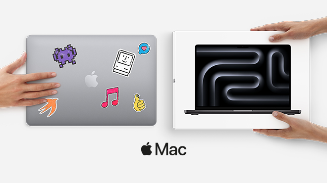 Due mani che avvicinano due MacBook. Logo Mac al centro