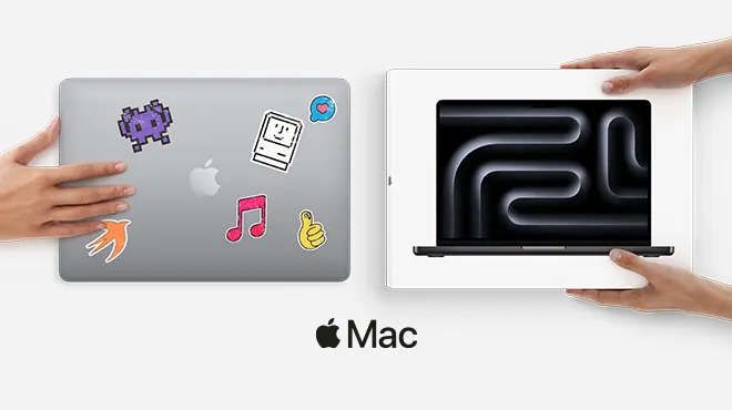 Due mani che avvicinano due MacBook. Logo Mac al centro
