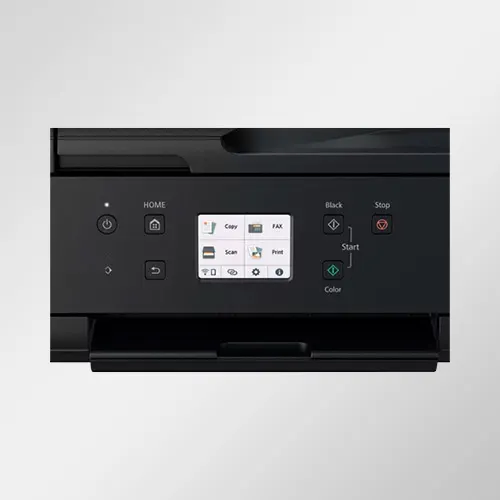 Stampante nera con pulsanti di accensione, home, copia, scansione, fax, nero, colore e stop. Display luminoso.