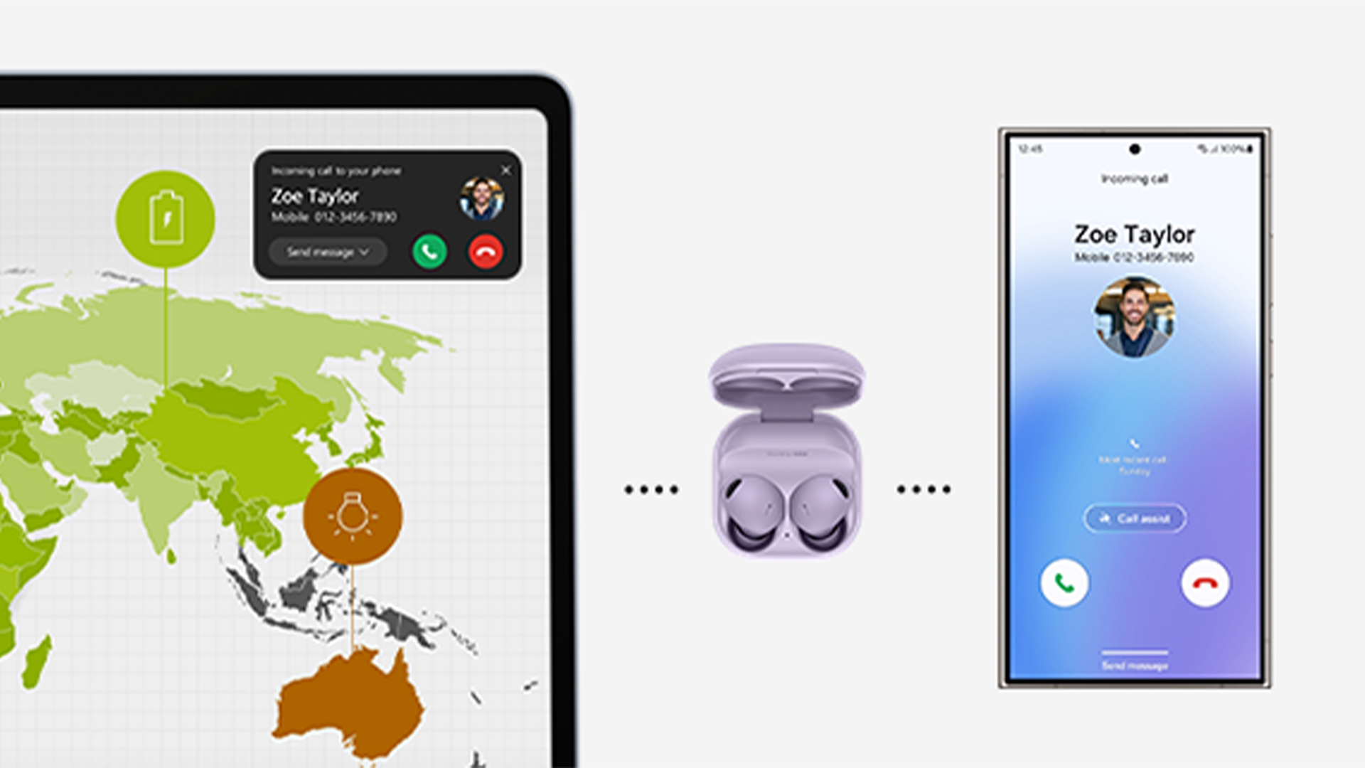 Tre schermi di tablet e smartphone mostrano chiamate in arrivo. Gli auricolari viola sono al centro. Mappa del mondo sullo schermo del tablet.