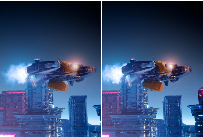 Veduta di un veicolo futuristico arancione e blu che vola sopra palazzi blu in una citt� futuristica.