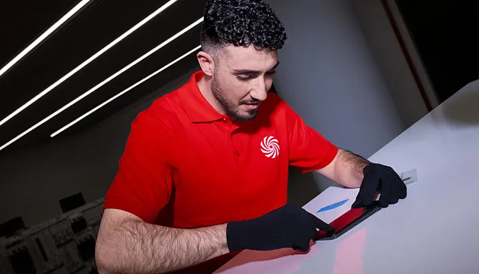 Uomo in polo rossa con logo esamina un tablet su un tavolo bianco, indossando guanti neri. Sullo sfondo, luci lineari.