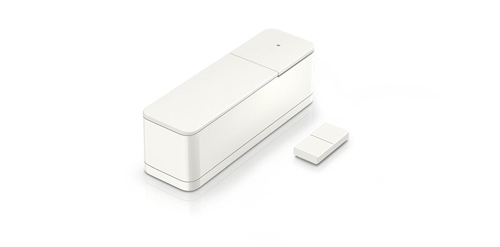 Su sfondo bianco, un dispositivo rettangolare bianco con un piccolo sensore rettangolare separato.