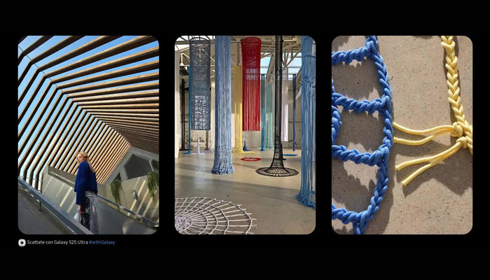 Tre foto affiancate mostrano: una persona su scale con tetto a listelli, installazioni artistiche tessili, dettagli di corde.