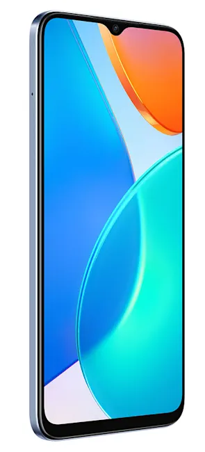 Ecco uno smartphone con sfondo astratto blu, verde acqua e arancione. La cornice � nera e argentata.