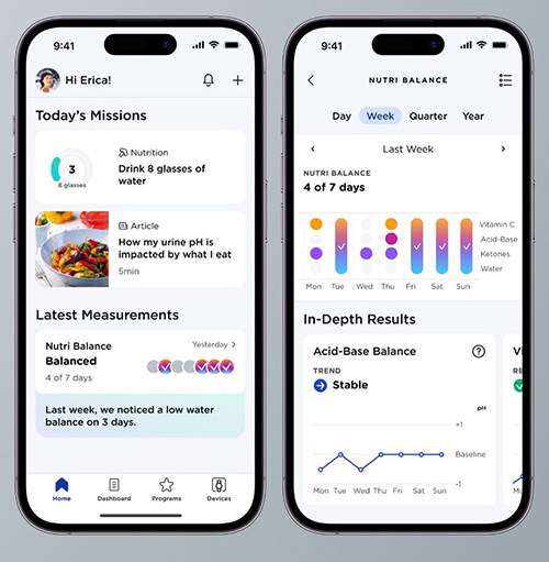 Due schermi di telefoni mostrano un'app di monitoraggio della salute con grafici e dati sul bilancio idrico e nutrizionale.