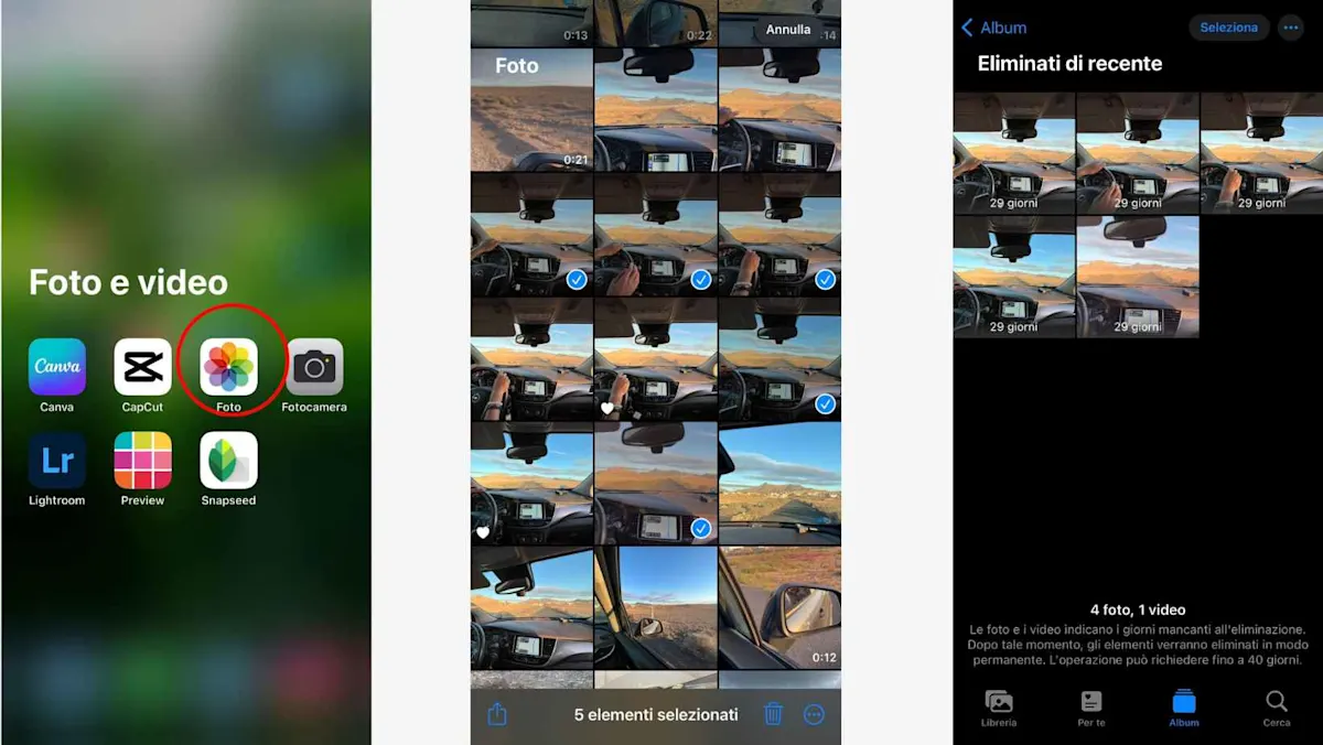 Tre schermate di iPhone mostrano la schermata iniziale, le foto e gli album eliminati di recente. L'app Foto è evidenziata in rosso.