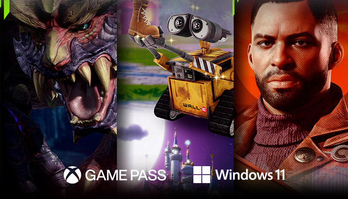 Copertina mostra un mostro, Wall-E con una scarpa, e un uomo barbuto su sfondo rosso. Loghi Xbox, Game Pass e Windows 11.