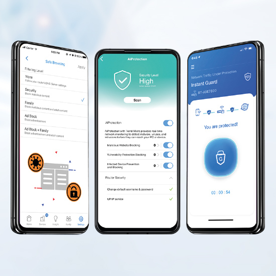 Tre smartphone mostrano interfacce di app di sicurezza con scritte, icone e sfondi blu e verdi.