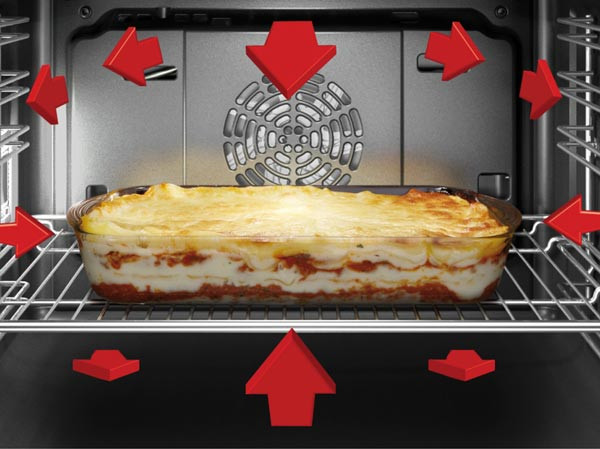Lasagna in teglia di vetro su griglia forno. Frecce rosse indicano la distribuzione del calore.