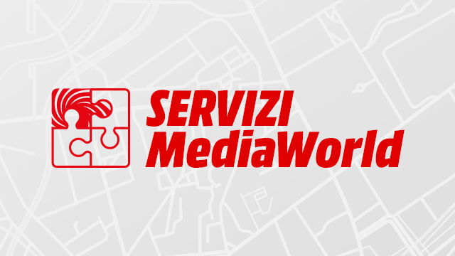Logo rosso "Servizi MediaWorld" su sfondo grigio chiaro con linee. A sinistra, simbolo di puzzle rosso in un quadrato.