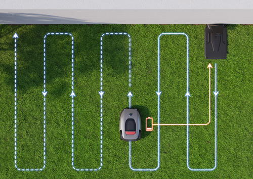 Vista aerea di un robot tagliaerba grigio con un display arancione sul prato, che mostra il percorso.