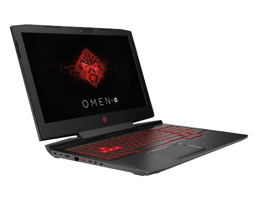 Un laptop nero aperto mostra uno schermo con logo rosso su sfondo scuro e tastiera rossa.