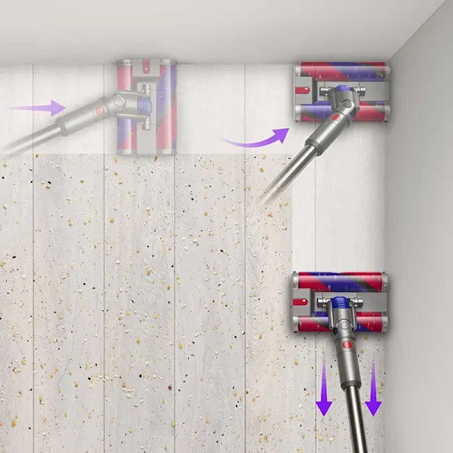 Aspirapolvere a rullo che pulisce una parete bianca a pannelli sporca con frecce viola.